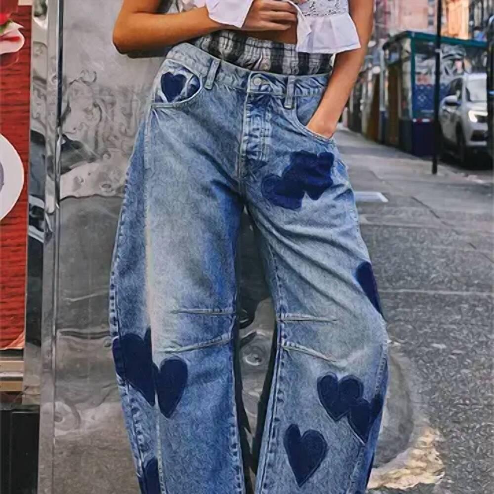 NEW FAIRE heart pattern wide leg jeans in blue